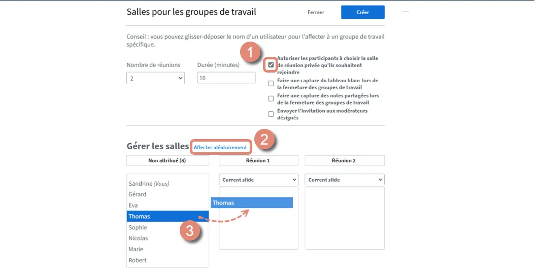 trois options pour répartir les participants dans les salles de groupes de travail.