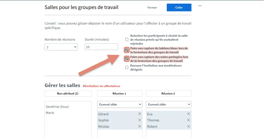 options pour récupérer le travail réalisé.