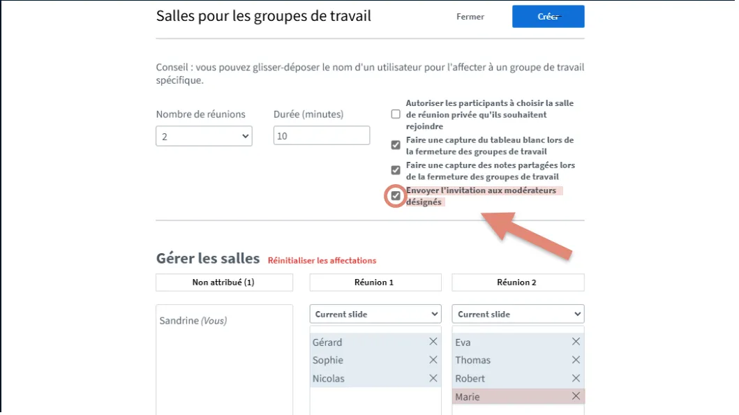 option Envoyer l&rsquo;invitation aux modérateurs désignés.