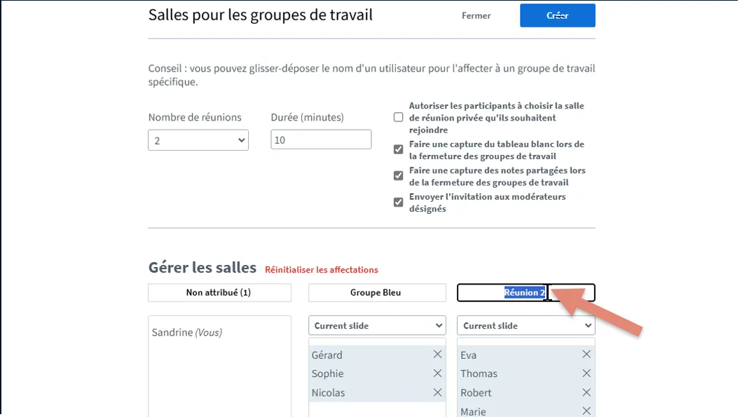personnaliser le titre des salles de groupes de travail.