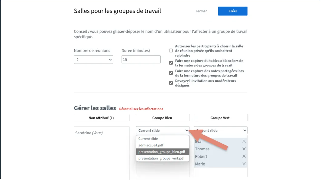 choisir le document à afficher dans les salles de groupes de travail.