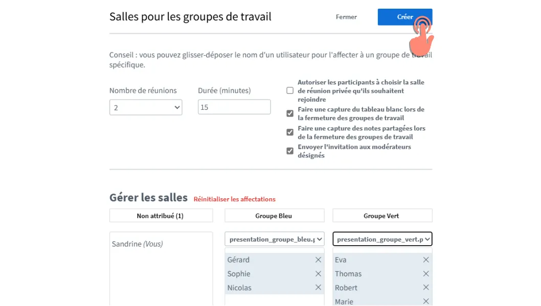 bouton Créer pour lancer les salles de groupes de travail.