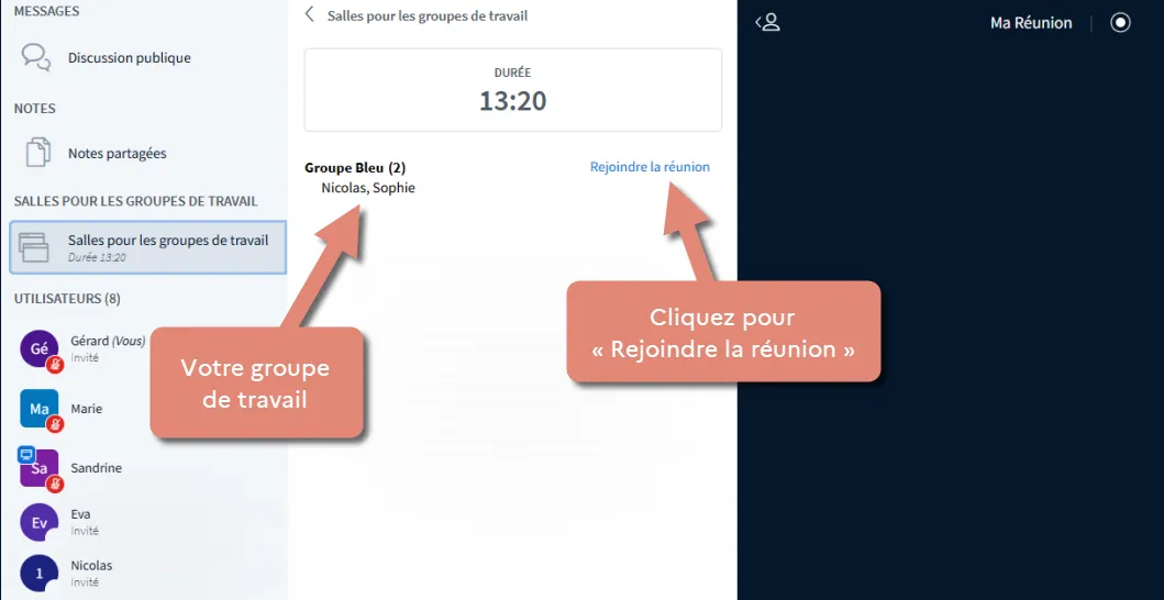salle de groupe de travail avec bouton &ldquo;Devenir présentateur&rdquo;.
