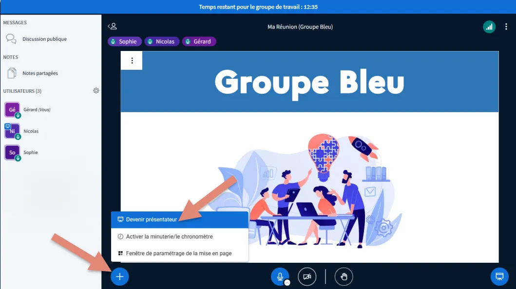 salle de groupe de travail détail bouton devenir présentateur. 