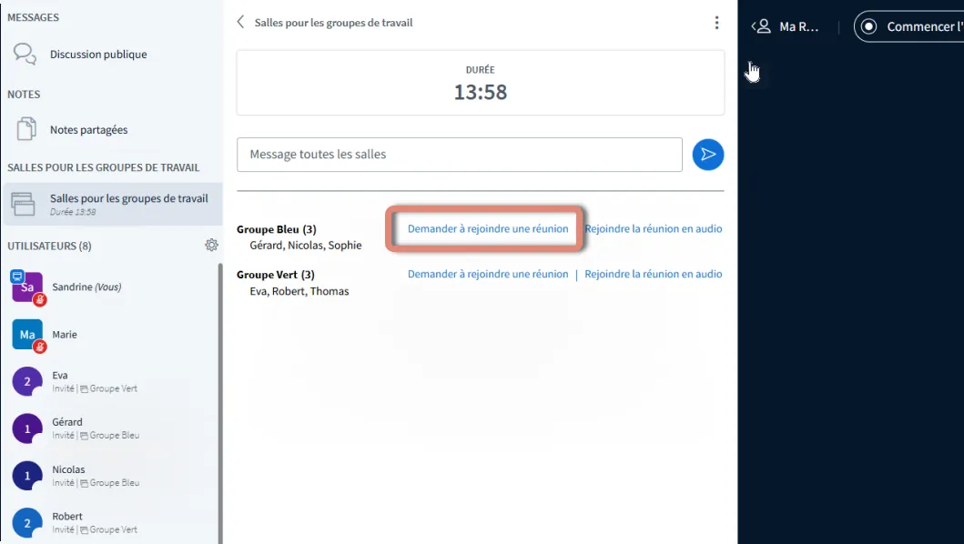 option &ldquo;Demander à rejoindre une réunion&rdquo; pour un modérateur.