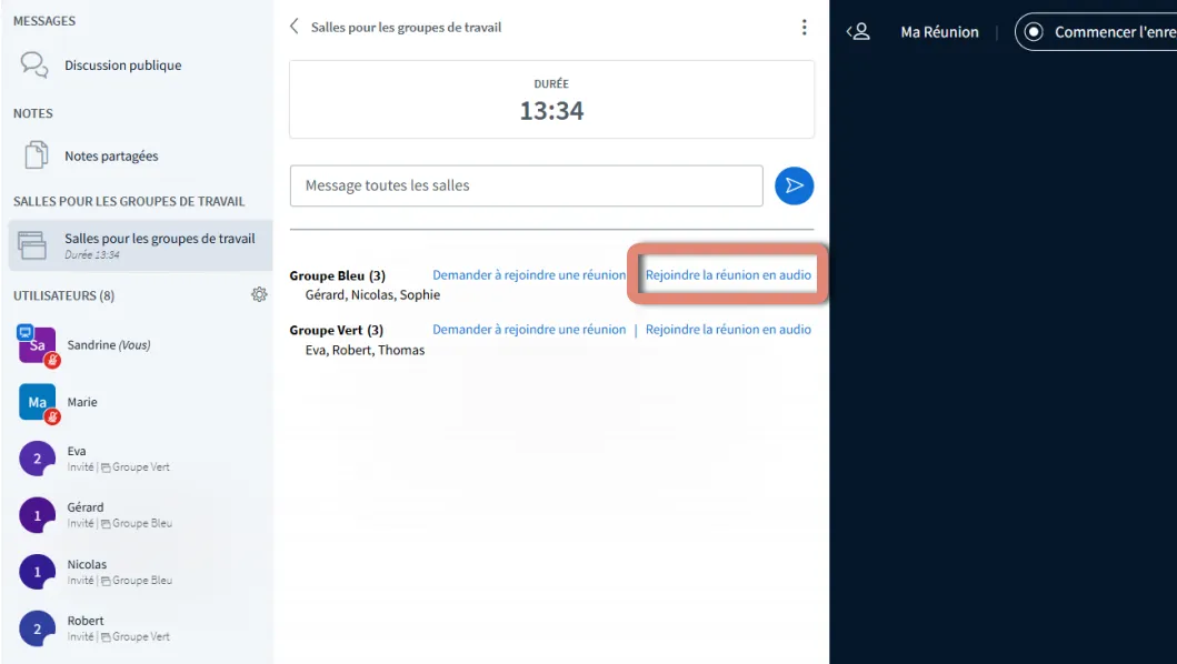 passage d’une salle de groupe de travail à une autre en changeant d’onglet.
