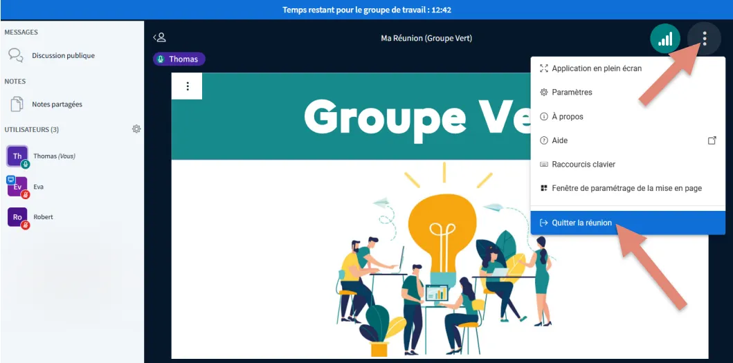 option &ldquo;Quitter la réunion&rdquo; dans le menu des trois points.