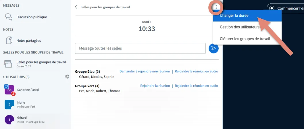 bouton &ldquo;Changer la durée&rdquo; des réunions des groupes de travail.