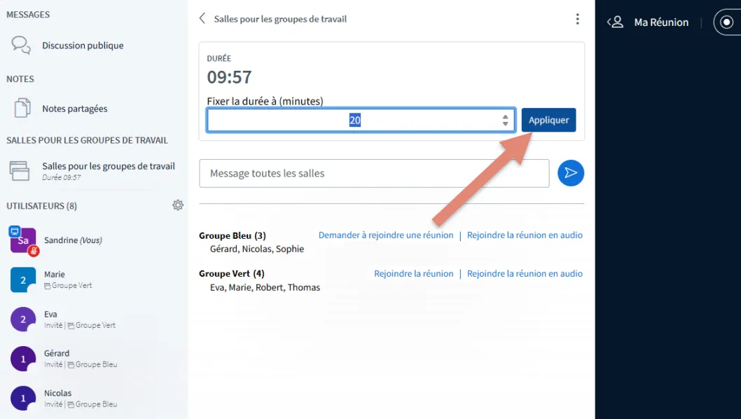 modifier la durée des réunions en minutes.