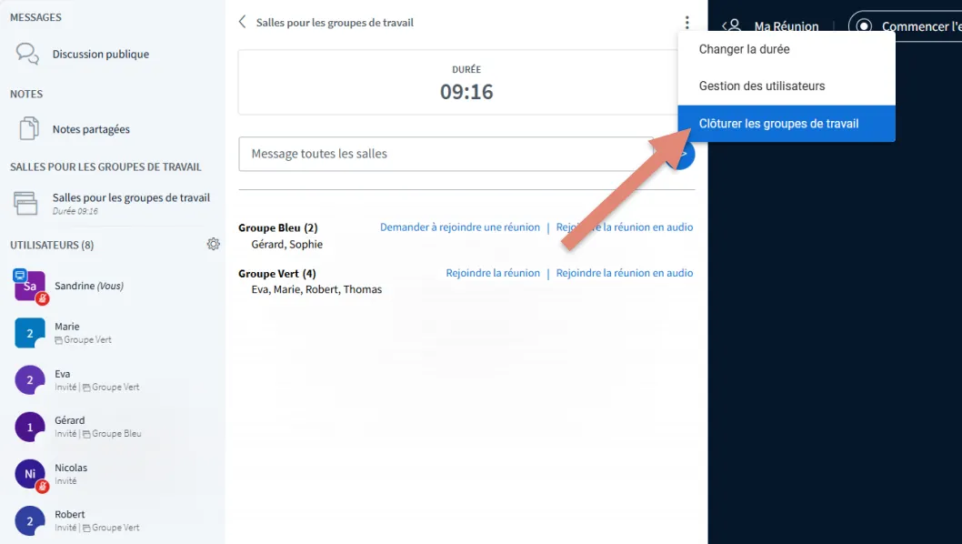 option &ldquo;Clôturer les groupes de travail&rdquo;.