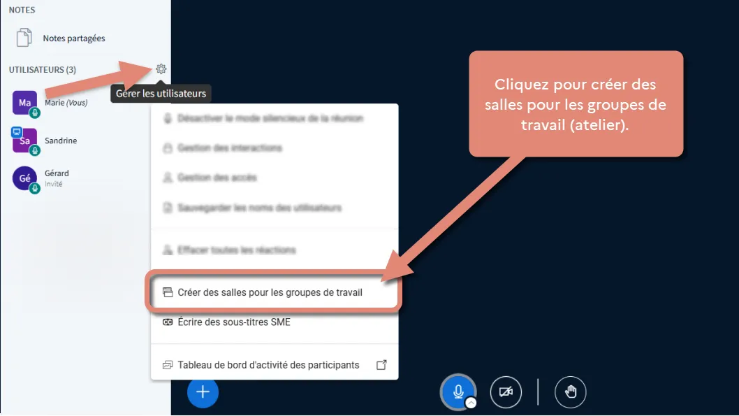 accès à créer des salles pour les groupes de travail.