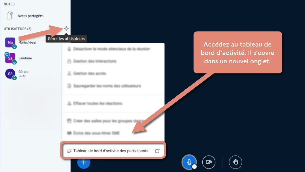 accès au tableau de bord d&rsquo;activité des participants.
