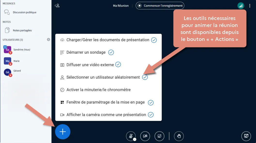 les outils du menu actions.
