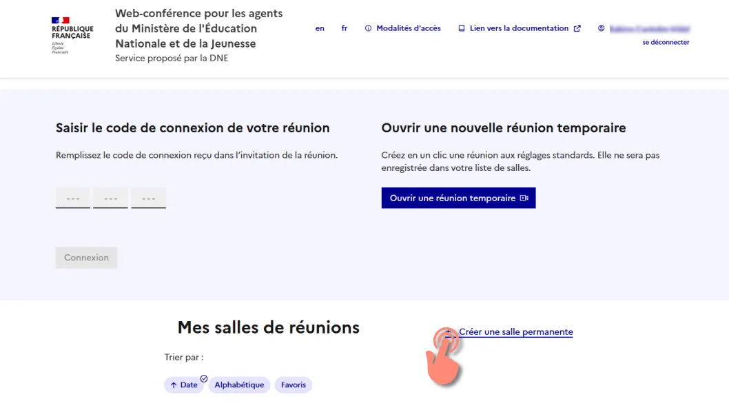 page d&rsquo;accuel, gestionnaire des salles, bouton &ldquo;+ Créer une salle permanente&rdquo;.