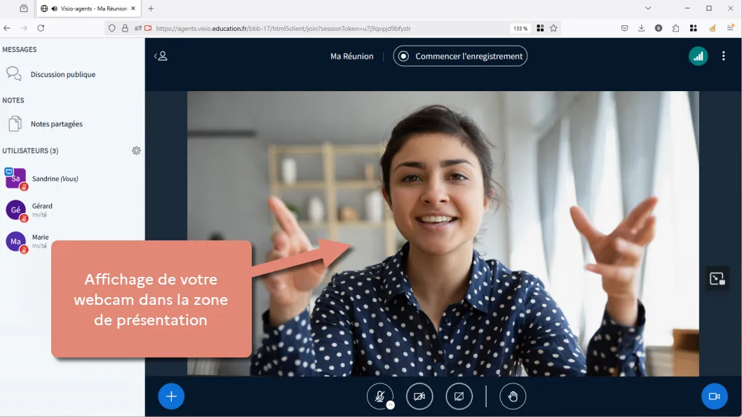 l’image de votre camera s’affiche dans la zone de présentation.