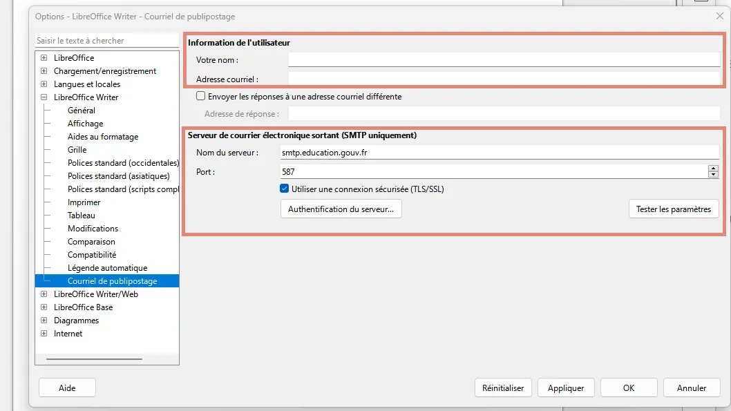 configuration serveur publipostage LibreOffice Writer