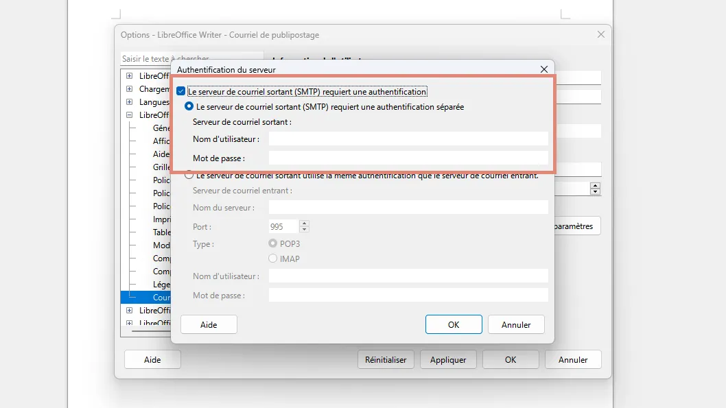 configuration serveur publipostage LibreOffice Writer