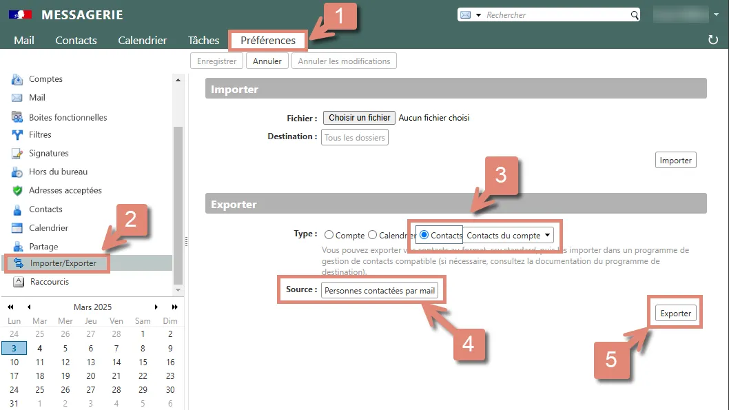 export des contacts depuis la messagerie en ligne