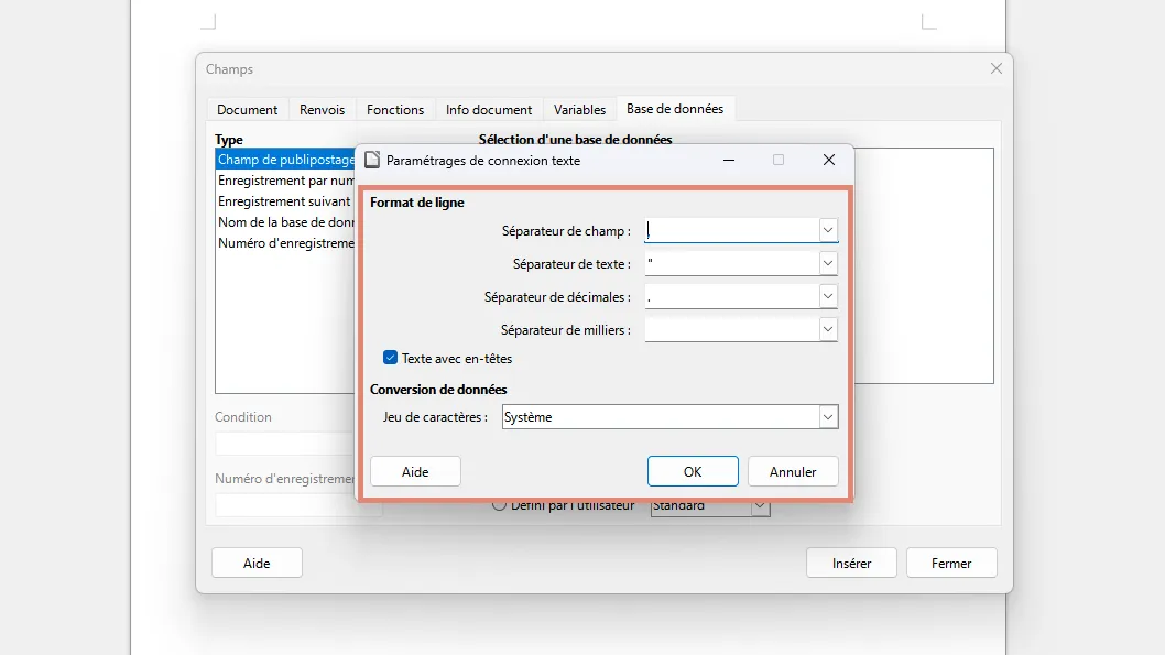 configurer les paramètres de connexion au texte