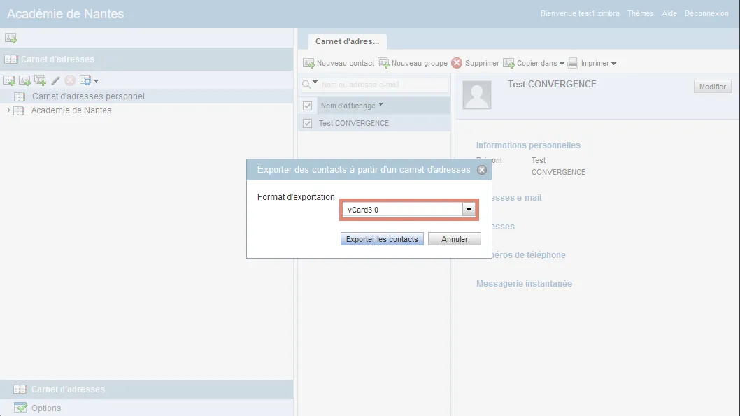 Choisir le format d&rsquo;export vCard 3.0