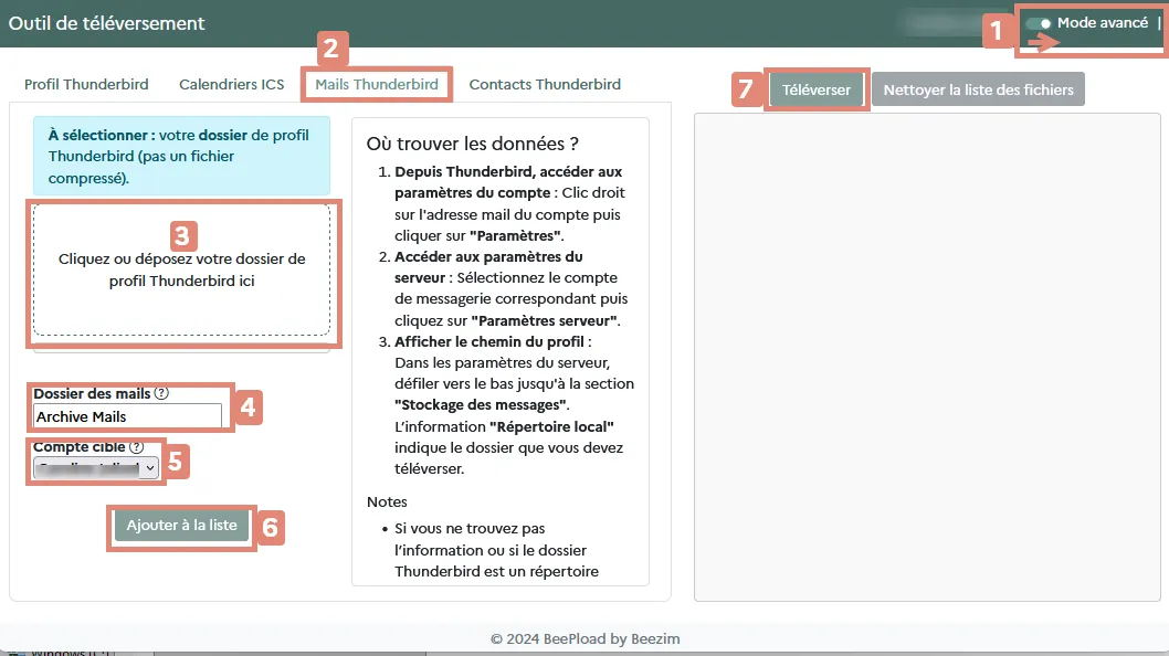Téléverser un dossier mail Thunderbird