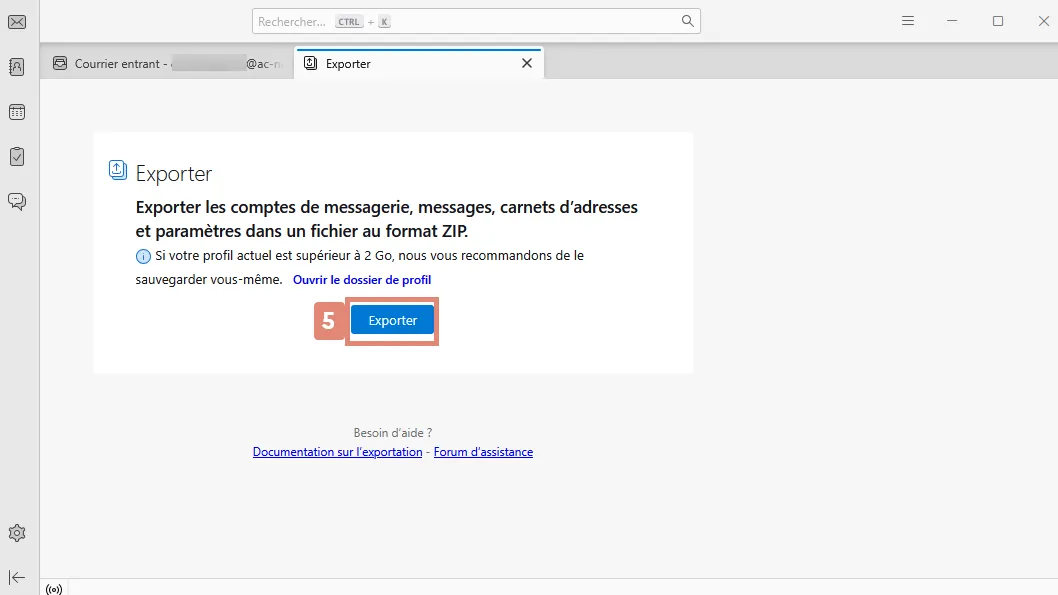 Menu d&rsquo;export de Thunderbird