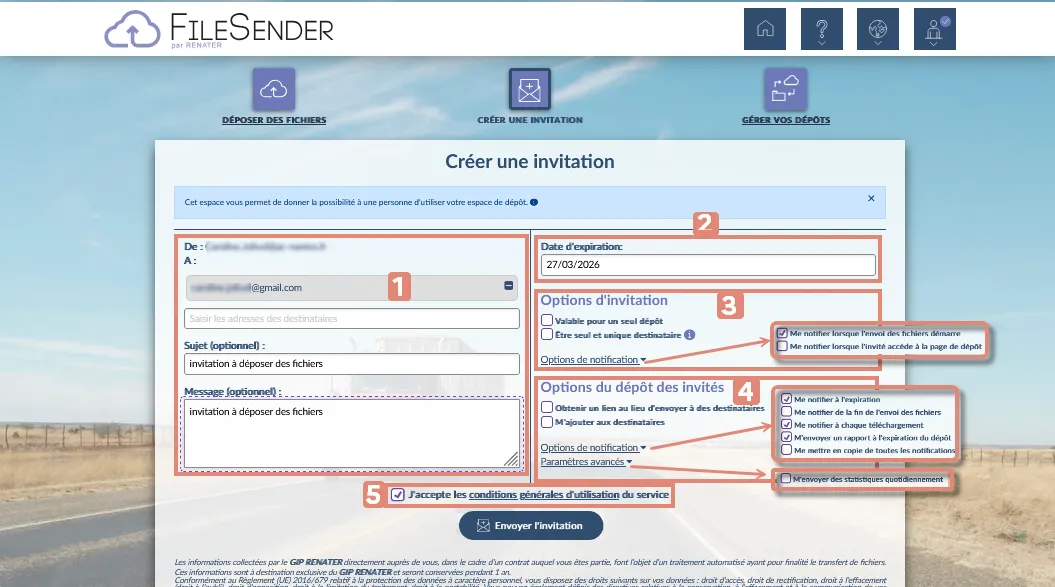 Créer une invitation FileSender