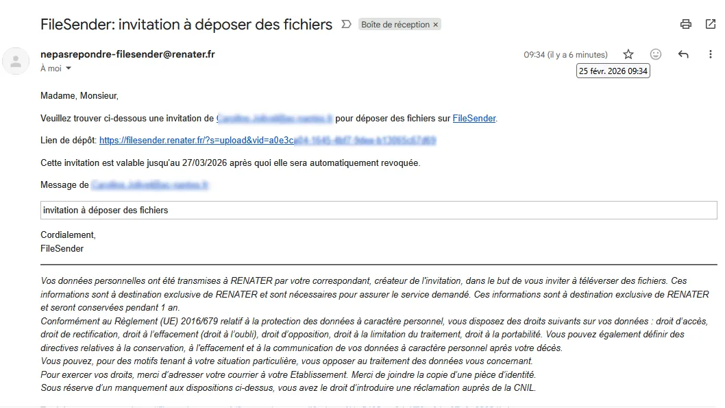 Mail reçu suite à une invitation FileSender