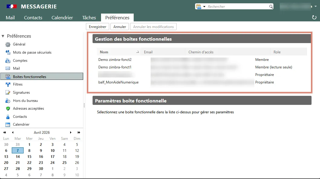liste des boîtes fonctionnelles