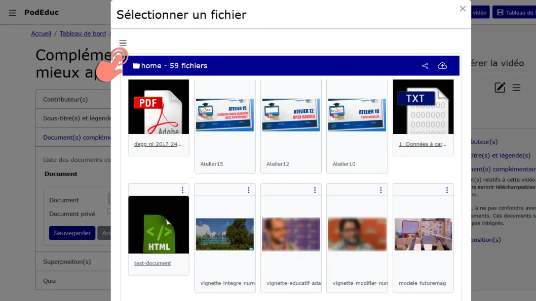 une fênetre modale de la gestion des fichiers s&rsquo;ouvre en premier plan..