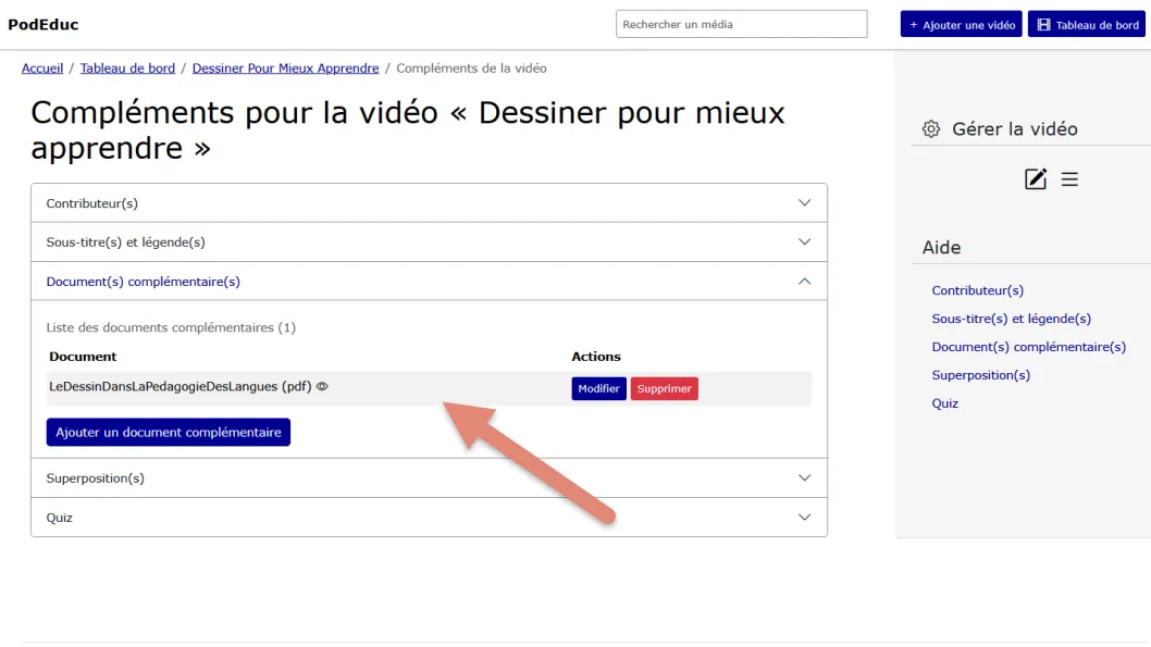document ajouté a la liste des documents complémentaires à la vidéo.