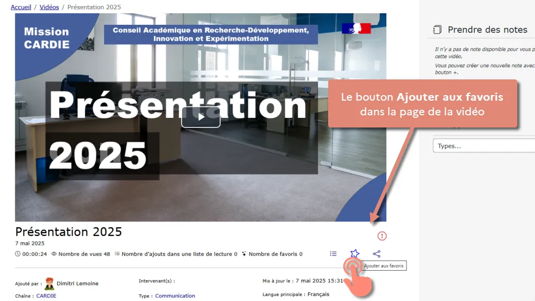 icône étoile sous le lecteur vidéo.