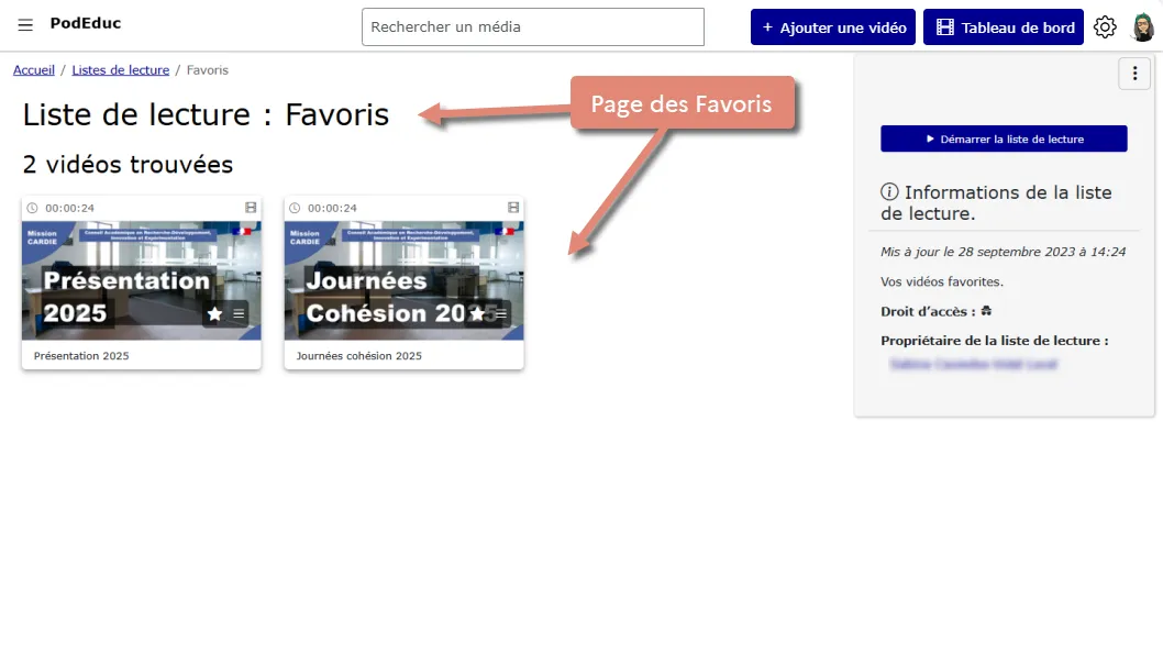 page des vidéos favorites.
