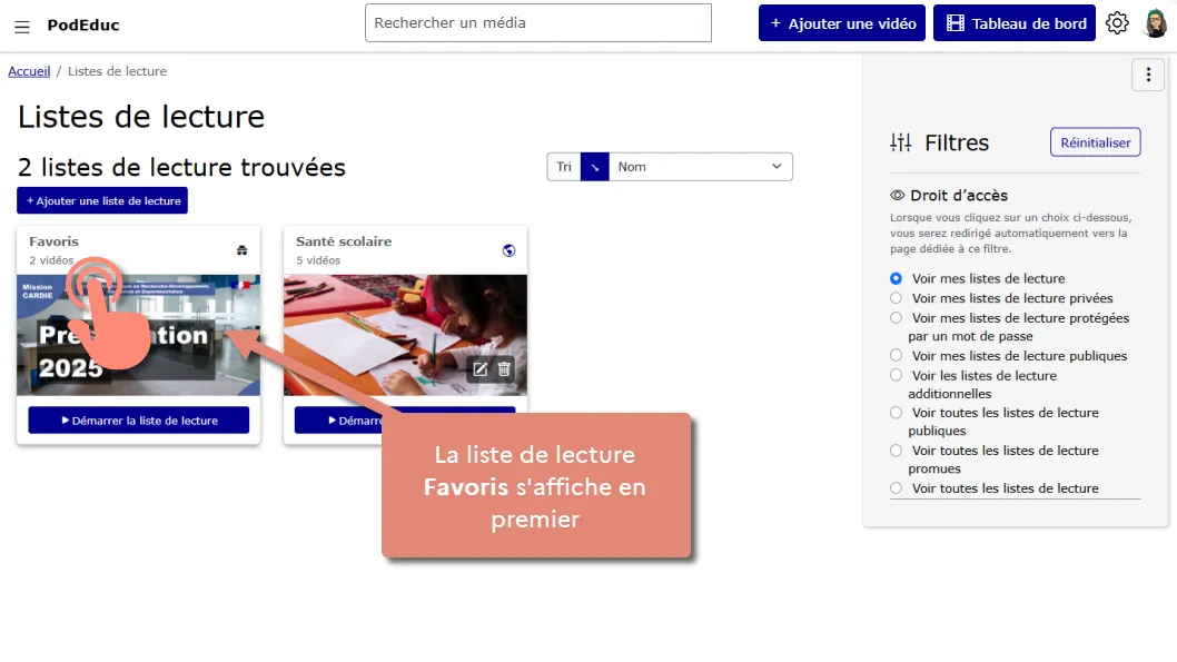 vignette de la liste « Favoris » affichée à gauche en haut de la page.