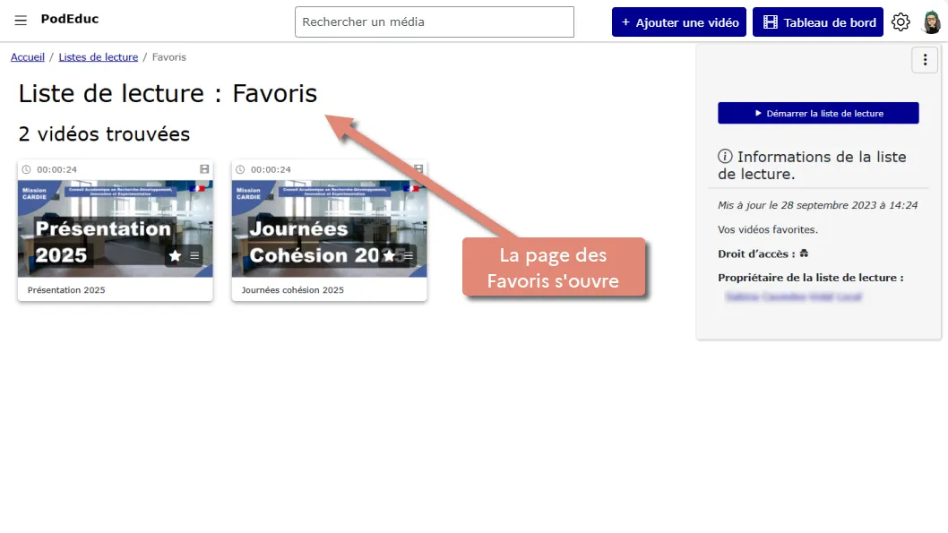 page des vidéos favorites.
