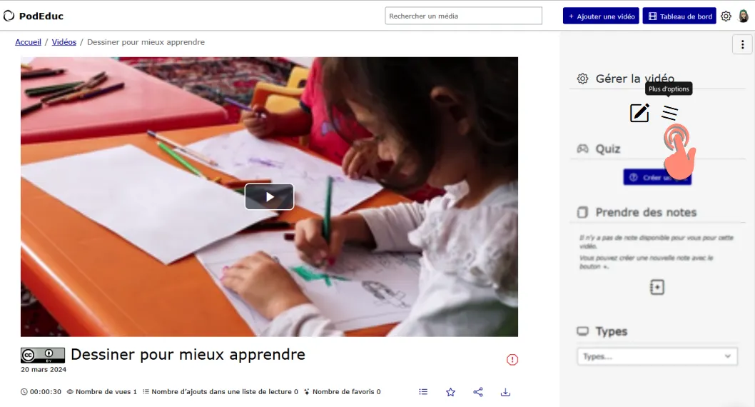 cliquez sur bouton plus d&rsquo;options dans gérer la vidéo