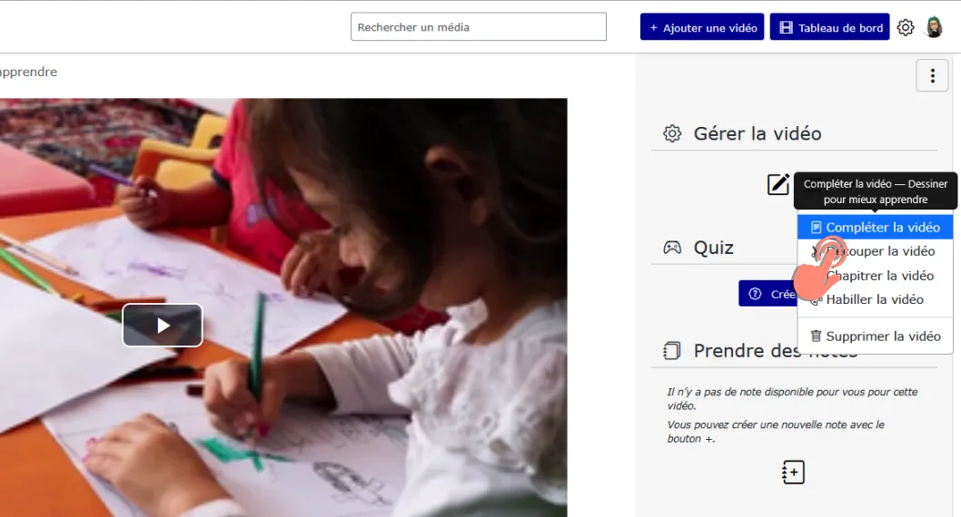 bouton &ldquo;Plus d’options&rdquo; dans le menu &ldquo;Gérer la vidéo&rdquo;.