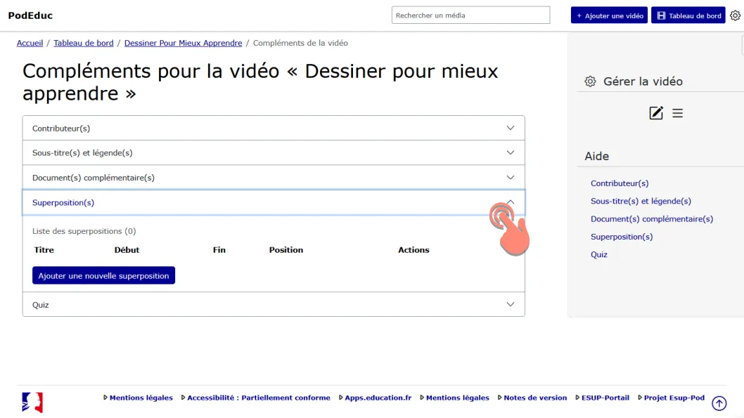 option &ldquo;Superposition&rdquo; dnas les &ldquo;Compléments pour la vidéo&rdquo;.