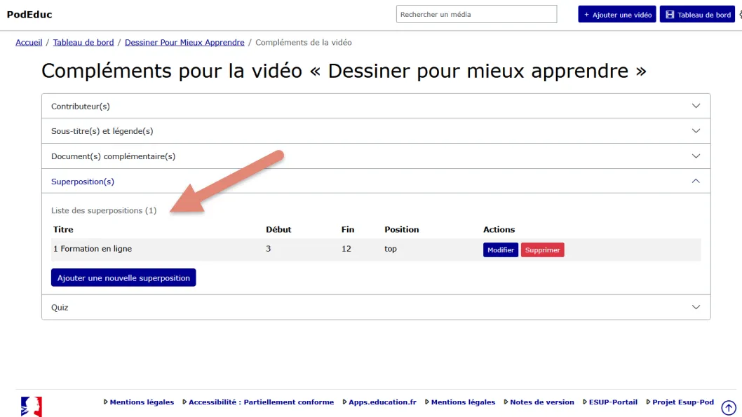 liste des superpositions avec options de modification et de suppression.