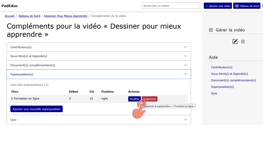 bouton &ldquo;Supprimer&rdquo; d’une superposition.