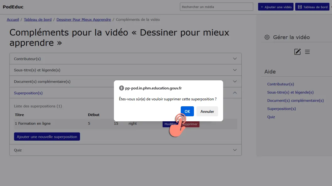 fenêtre de confirmation de suppression d’une superposition.