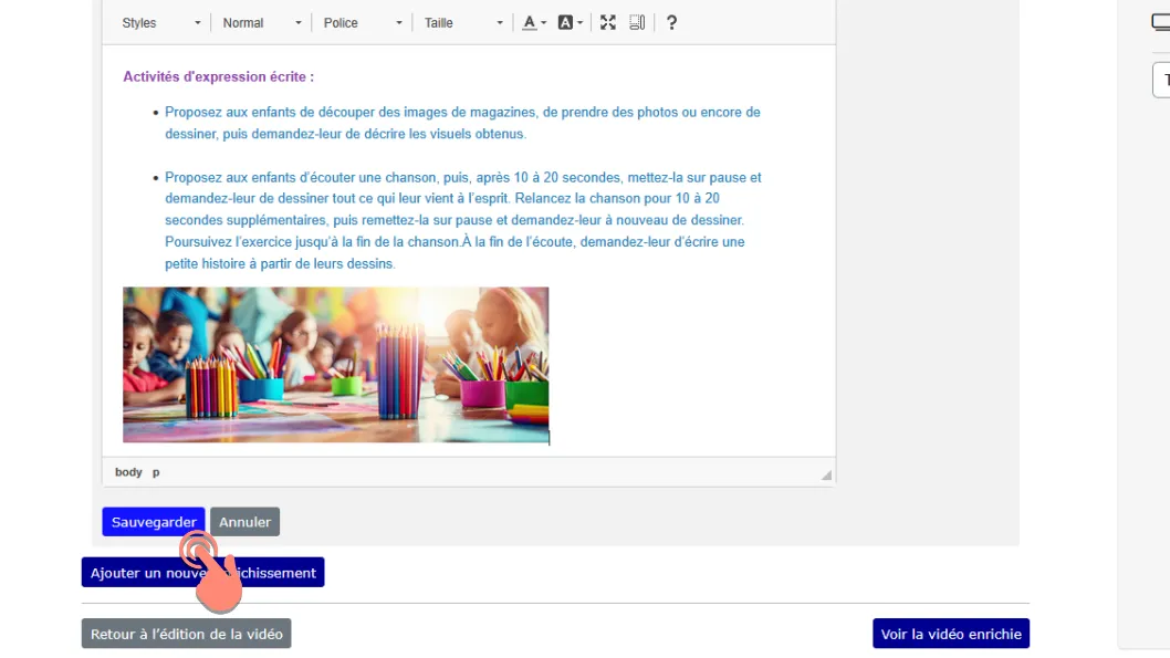 bouton &ldquo;Sauvegarder&rdquo; pour enregistrer l’enrichissement.