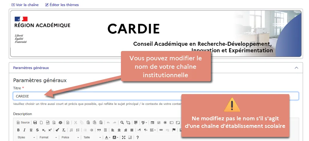 champ pour modifier le titre de la chaîne.