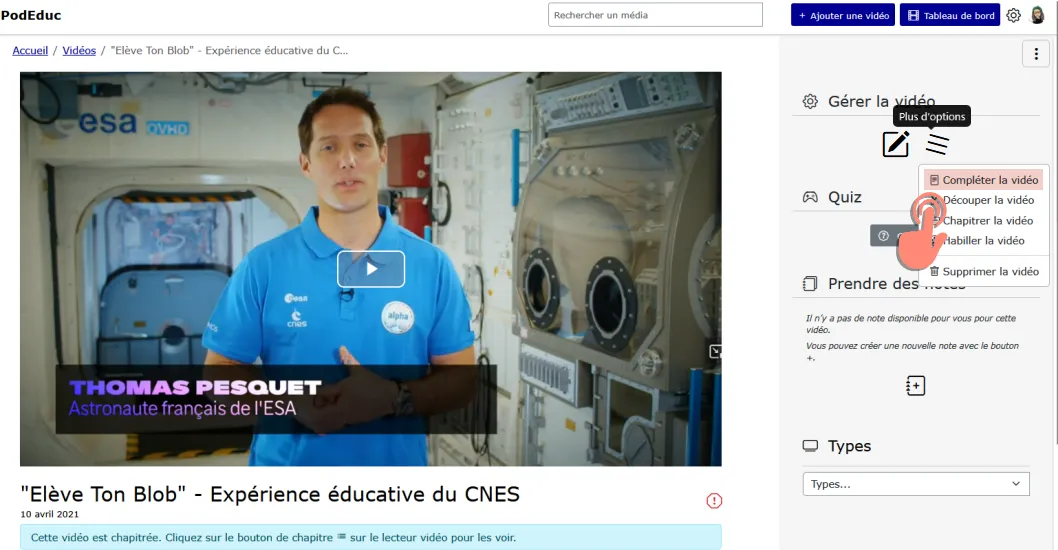 cliquer sur compléter la vidéo dans le menu plus d&rsquo;options.
