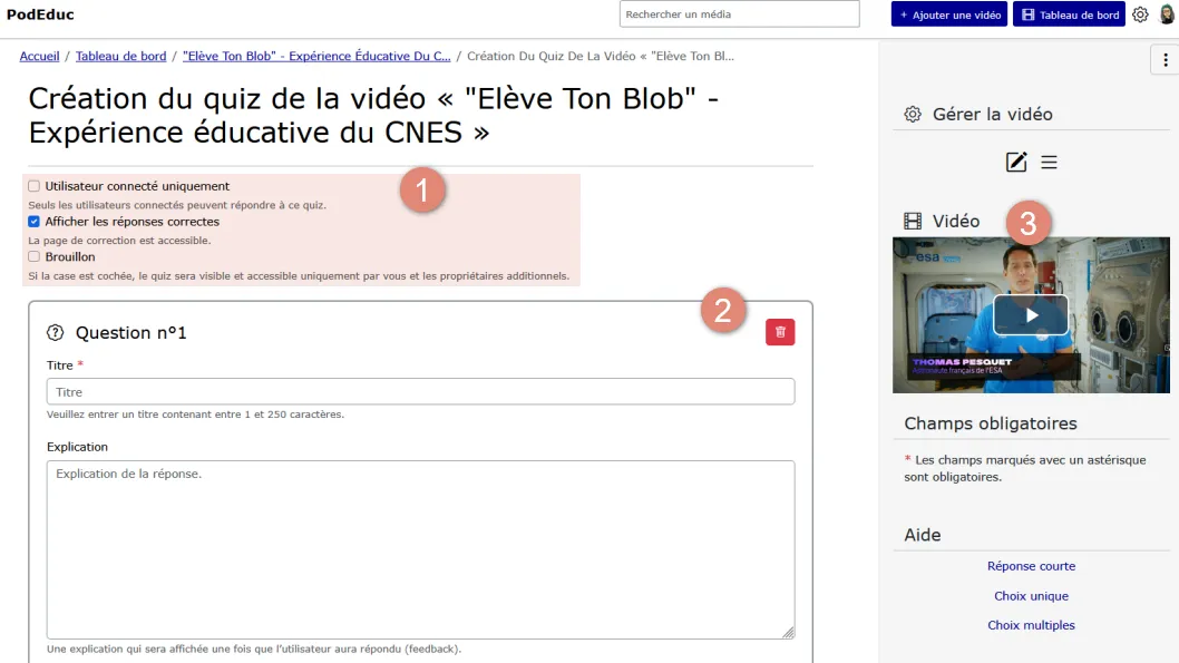 formulaire de création du quiz.