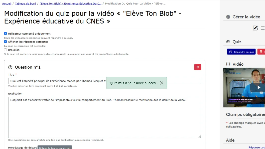 notification quiz mis à jour avec succès.