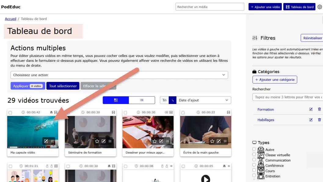 retrouver la vidéo dans le tableau de bord.
