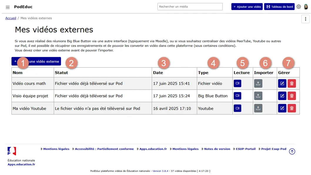 page mes vidéos externes et tableau des imports.