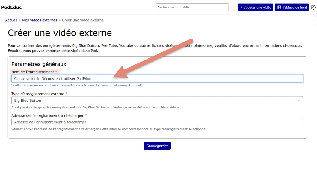 saisir le nom de l’enregistrement.