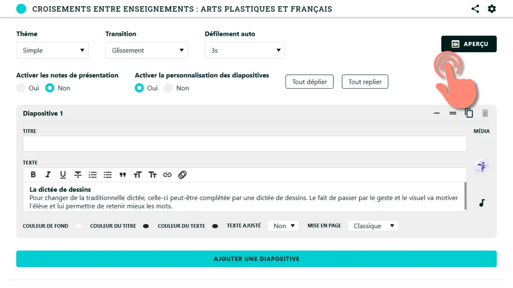  Cliquer sur le bouton Aperçu pour visualiser le rendu de la présentation terminée..